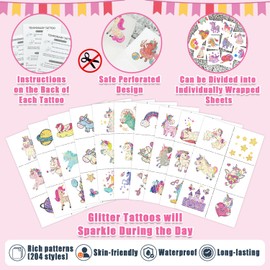 Partywind 204 Styles Glitter Temporary Tattoos for Kids Girls, 34 Sheets Perforated Tattoo Stickers for Girls Party Supplies Favors, Birthday Goodie Bag Stuffers Games Toys