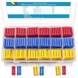 TICONN 600 PCS Butt Splice Crimp Connectors Insulated Electrical Straight Wire Termi...