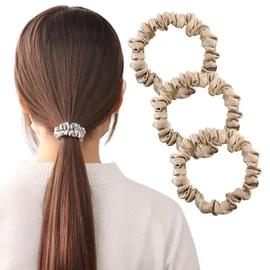 [ROQUE] Silk Scrunchie Hair Rubber 100% Silk Hair Accessories, L Size, Set of 3, Champagne