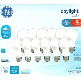 GE Daylight LED Light Bulbs, 8 Watt (60 Watt Equivalent) Cool Energizing Light, Standard Bulb Shape, Medium Base, Dimmable (12 Pack)