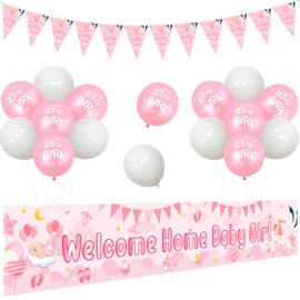 Jollyboom Welcome Home Baby Girl Decorations Newborn, Pink Welcome Home Baby Girl Backdrop Banner It's a Girl Bunting Banner Balloons Pink White for New Born Girl Welcome Party Baby Shower Decoration