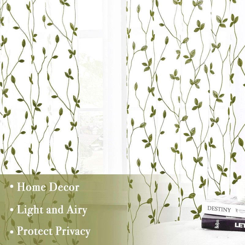 WUBODTI Sage Green Leaf Embroidered Sheer Curtain 72 Inches Long