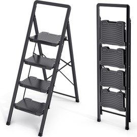 KINGRACK 4 Step Ladder, Folding Step Stool with Wide Anti-Slip Pedal and Handrails, Portable Lightwight Household Ladder, 800LBS Sturdy Steel Ladder, for Your Kitchen, Pantry, Closets, Office Use