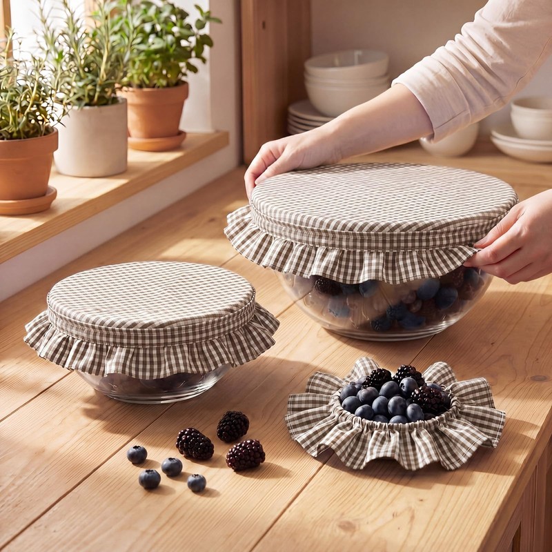 Hushee 3 Pcs Brown Gingham Bowl Covers with Ruffle for