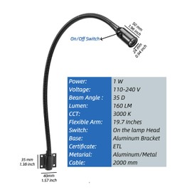 Reading LED Light for Bedside Bedroom Wall Mount Adjustable Gooseneck Black