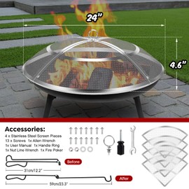 Fire Pit Spark Screen,24 Inch Fire Pit Screen Cover Stainless Steel Outdoor with Handle&Poker,Firepit Screens Cover Round Mesh Lid Heavy-Duty Steel Replacement for Backyard/Beach/RV Camping