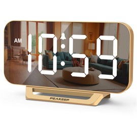 Peakeep Slim Digital Mirror Aesthetic Alarm Clock for Bedrooms Desk Decor - Plug in Electric Big LED Modern Small Clock for Office Living Room, Battery Backup, 6 Dimmers (Gold)