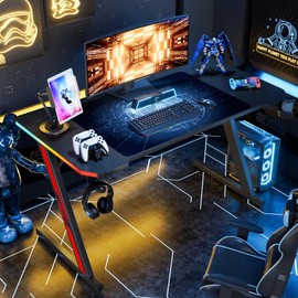 Homall Gaming Computer Desk with Carbon Fiber Surface, Gaming Table Z Shaped Pc Home Office with Cup Holder&Headphone Hook(55 in, Black, Led Light)