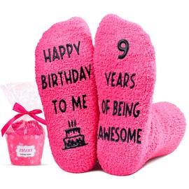 Zmart Birthday Socks Gift - Dark Pink Coral Fleece Cupcake Packaging for 9 Year Old Girls Child Birthday Present with Fun Sole Letters