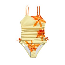 Floerns Girl's One Piece Swimsuit Flower Bow Side Ruched Beach Vacation Bathing Suit Yellow 11Y