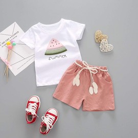 CM C&M WODRO Baby Toddler Girls Summer Shorts Sets Kids Watermelon Letter Print Tops Shorts Outfits Clothes for 1-4 Years Old (Pink, 2-3 Years(100))