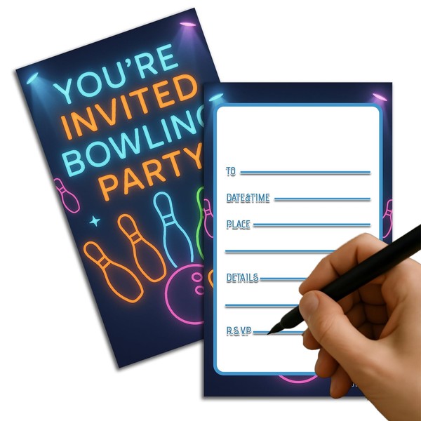 GHKJOK 20 Bowling Party Invitations with Neon Design, 300gsm Cardstock,