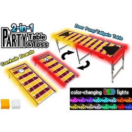 2-in-1 Cornhole Boards & Beer Pong Tailgate Table w/Multi-Color LED Lights - Washington Football Field