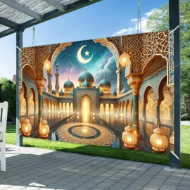 BlissYard Eid Mubarak Banner Ramadan Decorations Eid Decorations 71x43 Inch Islamic Crescent Moon Backdrop Seasonal Banner Seasonal Ramadan Party Supplies for Wall Hanging Indoor Outdoor
