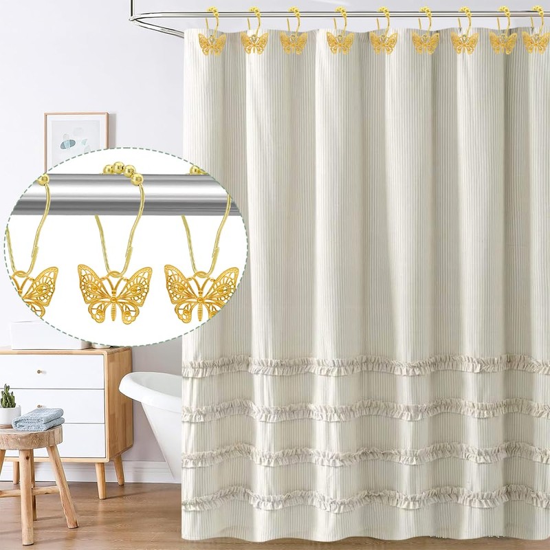 JZKaspar Decorative Shower Curtain Hooks,12PCS Butterfly Curtain Hooks Shower Ring,Rustproof