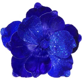 GL-Turelifes 10’’ Large Glitter Christmas Flowers 6 Pcs Artificial Magnolia Flower Ornaments Fold Floral for Christmas Tree Decorations Xmas Tree New Year Party Wedding Centerpiece (Blue)