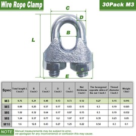 30 PCS 1/8 Inch Wire Rope Clamps, M3 Heavy Duty Galvanized Wire Cable Clamps for Tent Ropes, Boat, Clotheslines, U-Bolt Saddle Fasteners for Secure Connections