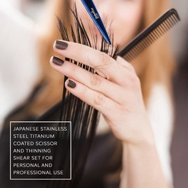 Hair Cutting Scissors, Titanium Coated 6" Barber Hairdressing Scissors & 5.5" Thinning Shears (Blue/Gold) 440C Japanese Stainless Steel Set for Personal use by DreamCut