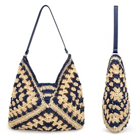 COOLOGIN Straw Hobo Bags for Women,Large Woven Tote Bag Summer Crochet Shoulder Bag,Vintage Beach Bag Foldable Handbag for Vacation (Blue)