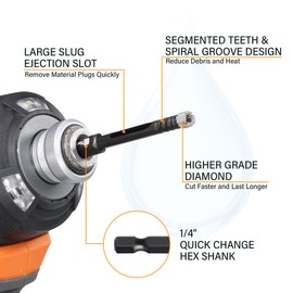 Diamond Hole Saw, Ceramic Drill Bit for Porcelain Tile Marbile Granite Stone Glass, Hex Shank, Holemaking Attachment for Bosch DeWalt Milwaukee. (3/16 Inch)