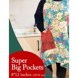 Big Plus Size Aprons for Women with Pockets Cotton Linen Baking Kitchen Cooking Wealth Flower