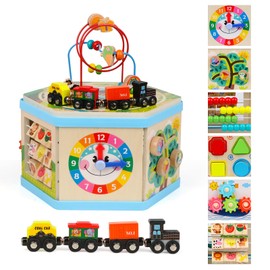 Wooden Activity Cube 9-in-1 Montessori Toys for 1+ Year Old Boys Girls Educational Learning Toys for Toddlers Age 1-2 One Year Old First Birthday Gift Bead Maze Magnetic Trains Track Shape Sorter