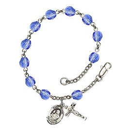 St. Clare of Assisi Silver Plate Rosary Bracelet 6mm September Blue Fire Polished Beads Crucifix Size 5/8 x 1/4 medal charm