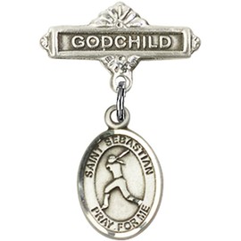 Sterling Silver Baby Badge with St. Sebastian/Softball Charm and Godchild Badge Pin 1 X 5/8 inches