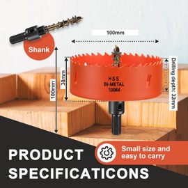 Hole Saw 100 mm, Bi-Metal Hole Drill Bit for Wood and Metal, Round Drill Bit Hole Cutter with 35 mm Cutting Depth for Steel, Cast Iron, Aluminium, Drywall, Plywood and Acrylic