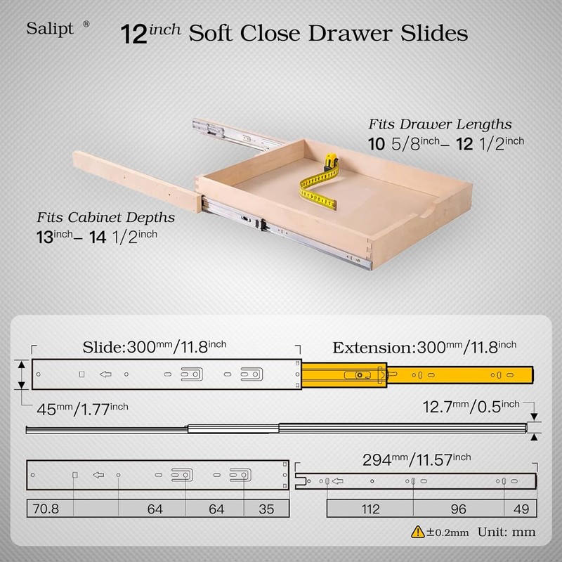 Salipt 12 inch Soft Close Drawer Slides Set 6-Pairs (12