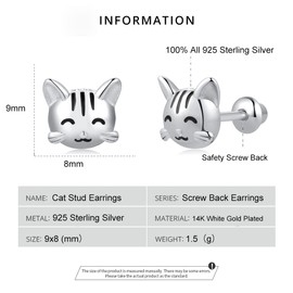 Cat Hypoallergenic Screw Back Earrings for Girls,925 Sterling Silver Stud Earrings Jewelry Gifts for Girls Teens Women Daughter