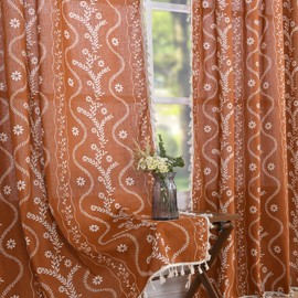 Schweek Terracotta Curtains 84 Inch Length Boho Farmhouse Curtains for Living Room 2 Panels, Linen Semi Sheer Vintage Farmhouse Printed Floral Burnt Orange Rustic Curtain Drapes