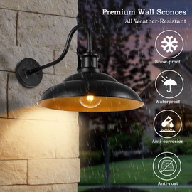 Outdoor Barn Gooseneck Light Fixture, Farmhouse 16 Inch Dome Large Black Exterior Wall Sconce, Industrial Wall Lantern for Porch, House, Garage, Patio, Front, 2 Pack