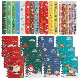 Candcamp 36 Pcs Christmas Stationery Set, 12 Christmas Mini Spiral Pocket Notebooks 12 Christmas Pencils with Erasers and 12 Christmas Wristband for Kids Xmas Party Holiday Gifts