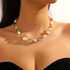 Baroque Pearl Necklace for Women 14K Gold Plated Pearl Choker Necklace Boho Irregular Pearl Necklace Vintage Pearl Charm Choker Necklace Birthday Wedding Jewelry for Women (Gold B)