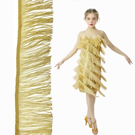 OHYER 5 Metres Long (x 10 cm Diameter) Fringe Trim, Dance Fringe, Cut Fringe Ribbon, Decorative Ribbon, Silk Tassel Fringe Edging Ribbons for Sewing, Tassel, Trim Band for DIY Decoration (Light Gold)