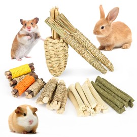 Wookiwuki Rabbit Toys 33Pcs, Natural Hay Hamster Chew Toys for Teeth, Handmade Dried Sweet Teething Grass Sticks Watercress Carrot for Chinchillas Bunny Small Animals