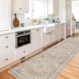 3x12 Hallway Washable Runner Rug - Vintage Non Slip Soft Rug for Kitchen Living Room Low-Pile Stain Resistant Carpet for Bathroom Entryway Thin Floor Mat for Bedroom Dining Room (3x12,Beige)