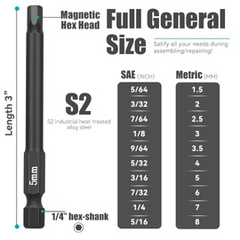 NAUIX 20 Piece Hex Head Allen Wrench Drill Bit Set, 1/4 Inch Shank Metric and SAE S2 Steel Hex Bit Set, Magnetic Tips 3 Inch Long