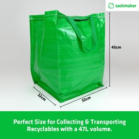 47 Litre Recycling Bag with Top Flap and Handles - Tip Strap - Laminated Wipe Clean Fabric - PREMIUM GRADE - Heavy Duty Woven PP Fabric (Green, 2 Bags)