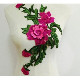 Large Fuchsia Green Embroidered 3D Applique Flower Patch Sew On DIY Leaf Vine