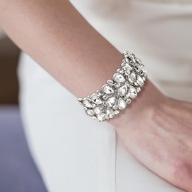 EVER FAITH Wedding Round Austrian Crystal Bracelet for Women, 3 Layer Teardrop Wrist Jewelry for Bride Bridesmaid Clear Silver-Tone