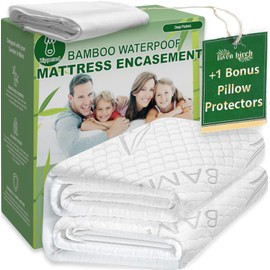 Bamboo Rayon Mattress Protector with Zipper + 1 Pillow Protectors - 100% Waterproof Cooling Twin Size Cover - Ultra Soft Fabric Breathable Noiseless Mattress Pad Covers Zippered Encasement