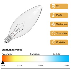 CYLYT 20-Pack E12 Candle Light Bulbs 40W Warm White 2500K, 380 Lumen Dimmable Chandeier Light Bulbs for Ceiling Fan, Pendants or Outdoor, B10 Clear Candelabra Base Bulbs