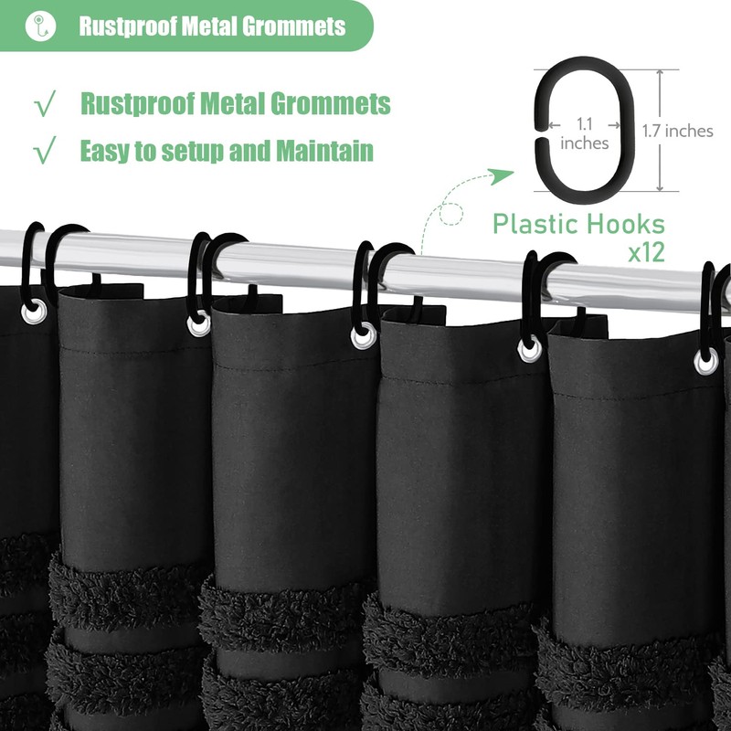 Dynamene Black Fabric Shower Curtain, Tufted Chenille Striped Textured Cloth