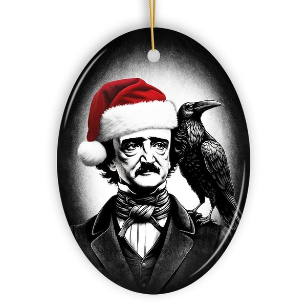 Gothic Edgar Allan Poe with Santa Hat and Raven Ornament,