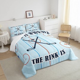 Ice Hockey Kids Comforter Set Twin Size,Hockey Stadium Rink Bedding Set,Boys Girls Adults Bedroom Decor,Winter Sports Ball Games Lovers Down Comforter,Blue Vivid Duvet Insert,2pcs,1 Pillowcase