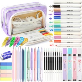 Ristpal 42 PCS Aesthetic School Supplies with Large Pencil Case, 12 Marker Pens with box, 5 Black Ink Gel Pens, 6 Mechanical Pencils Set, Sticky Notes, Complete Essentials Stationery Kit for Students