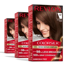 Revlon ColorSilk with Bond Repair Complex, Brown Permanent Hair Color, 100% Gray Coverage, Ammonia Free Hair Dye, Vegan Keratin, 47 Medium Rich Brown (Pack of 3)