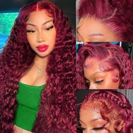 OPNGF 99J Burgundy Lace Front Wigs Human Hair Deep Wave Wig Human Hair 13x4 HD Transparent Lace Red Curly Wig Human Hair Glueless Wigs Human Hair Pre Plucked Natural Hairline with Baby Hair 24Inch